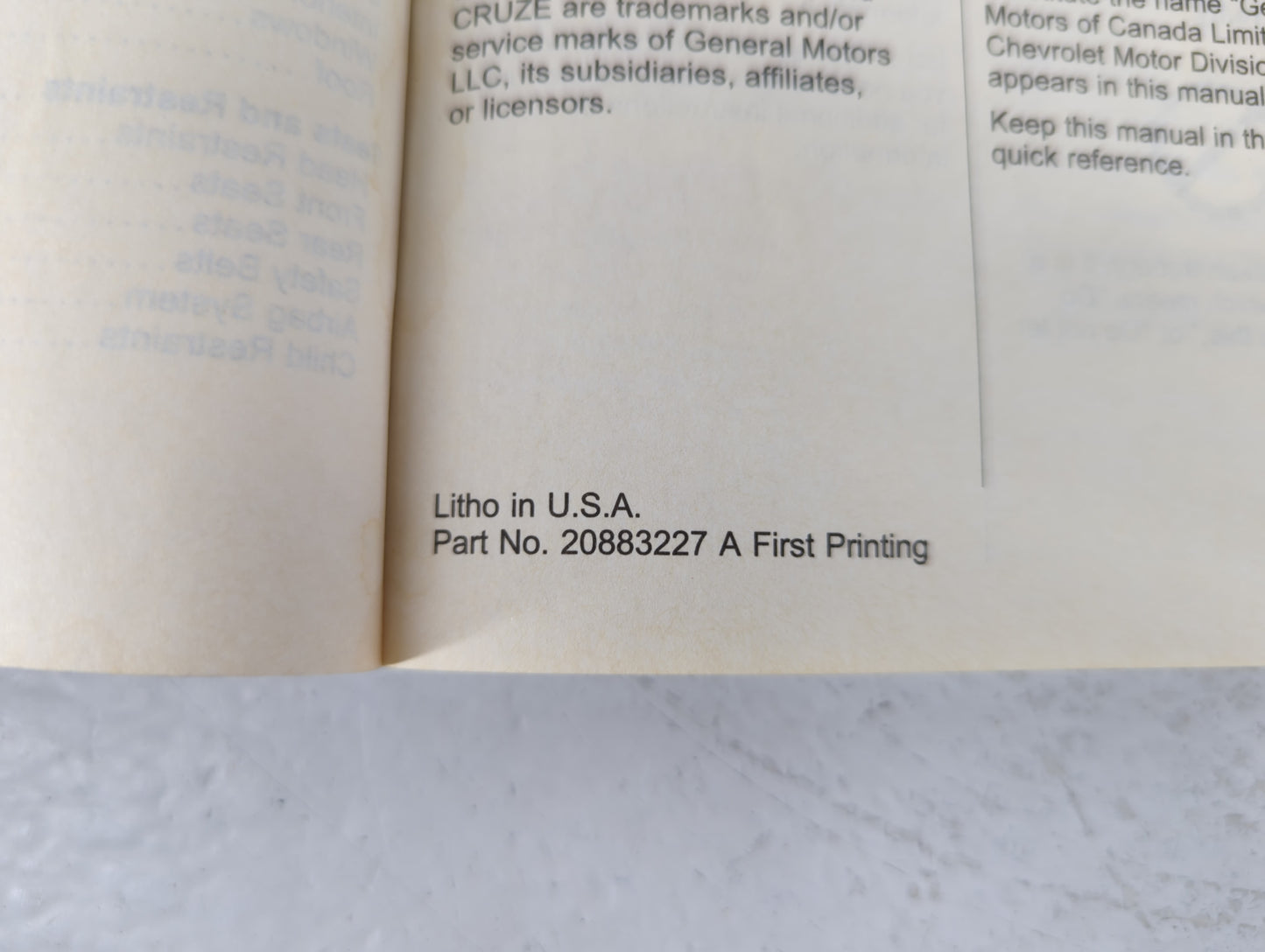 2011 Chevrolet Cruze Owners Manual Book Guide P/N:20883227 A OEM Used Auto Parts - Oemusedautoparts1.com