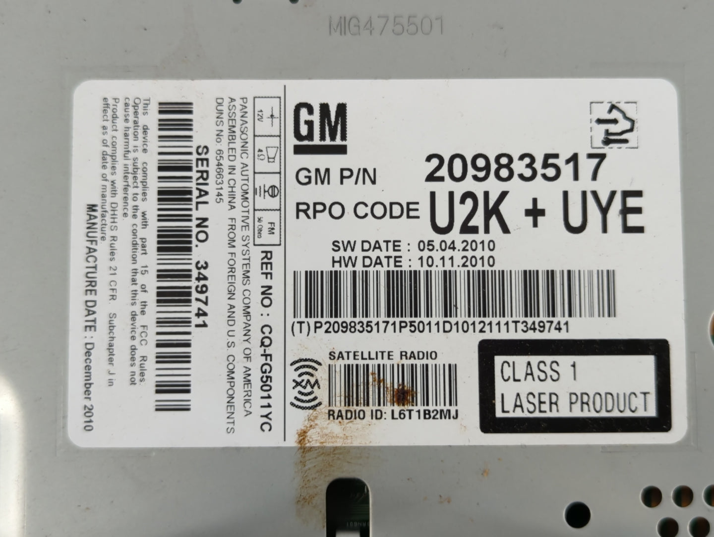 2011-2012 Chevrolet Cruze Radio AM FM Cd Player Receiver Replacement P/N:20983517 Fits Fits 2010 2011 2012 OEM Used Auto Par