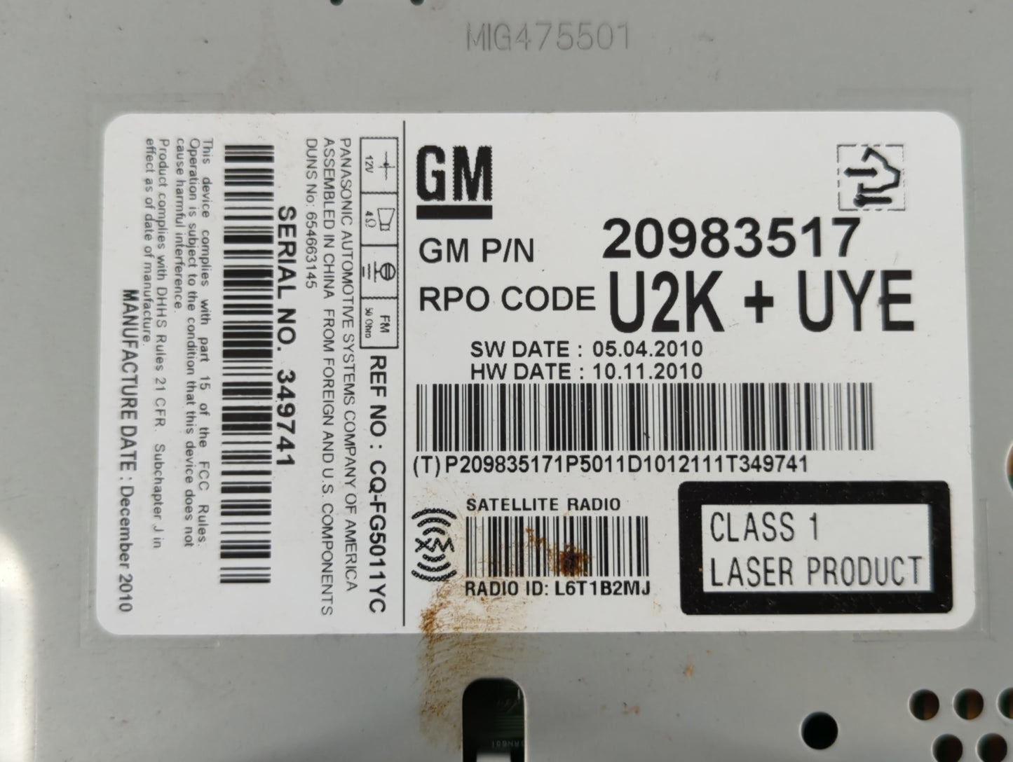 2011-2012 Chevrolet Cruze Radio AM FM Cd Player Receiver Replacement P/N:20983517 Fits Fits 2010 2011 2012 OEM Used Auto Par