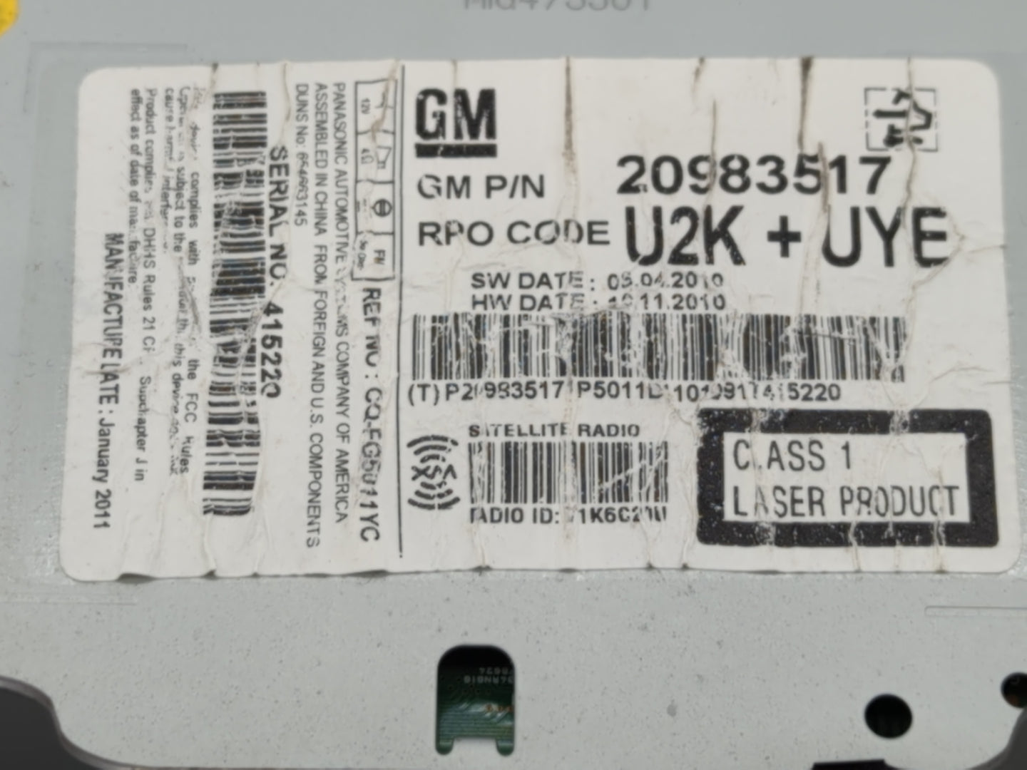 2011-2012 Chevrolet Cruze Radio AM FM Cd Player Receiver Replacement P/N:20983517 Fits Fits 2010 2011 2012 OEM Used Auto Par