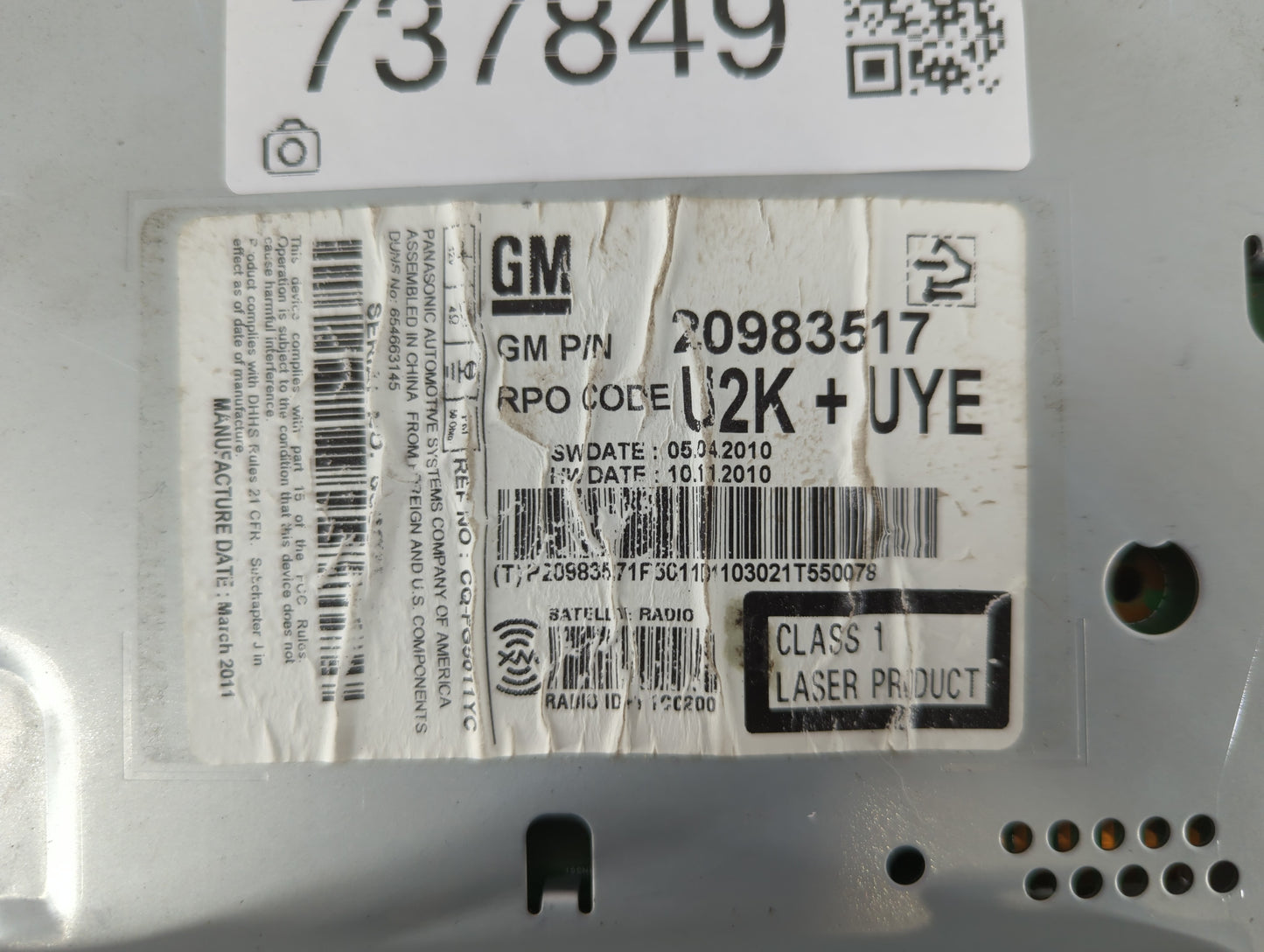 2011-2012 Chevrolet Cruze Radio AM FM Cd Player Receiver Replacement P/N:20983517 Fits Fits 2010 2011 2012 OEM Used Auto Par