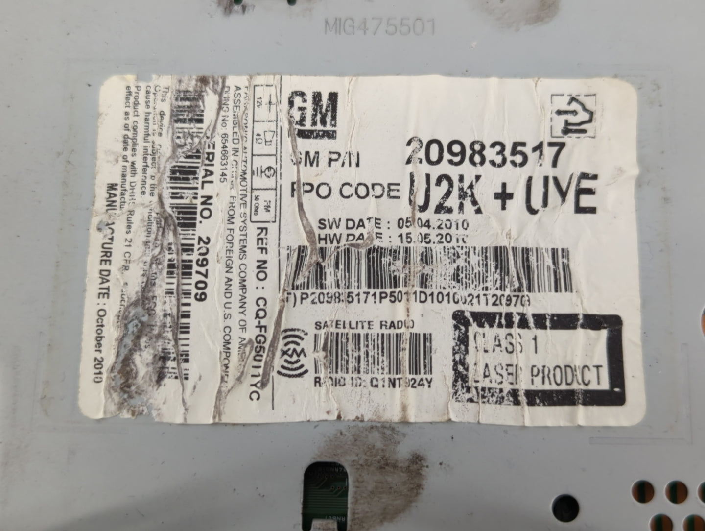 2011-2012 Chevrolet Cruze Radio AM FM Cd Player Receiver Replacement P/N:20983517 Fits Fits 2010 2011 2012 OEM Used Auto Par