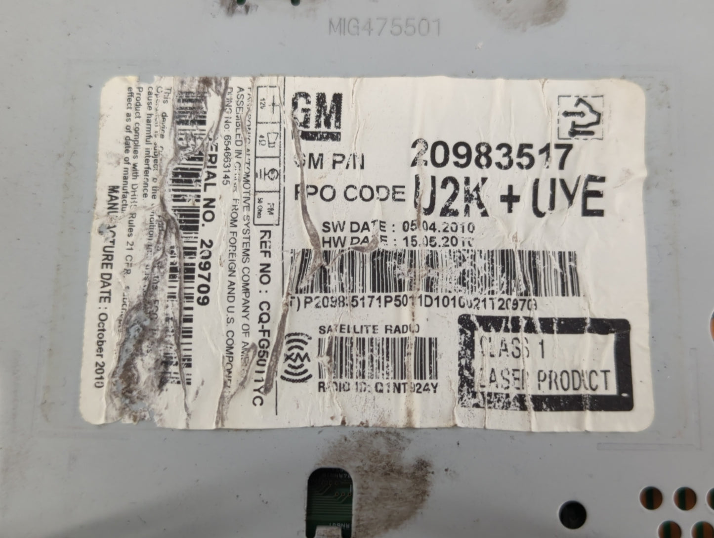 2011-2012 Chevrolet Cruze Radio AM FM Cd Player Receiver Replacement P/N:20983517 Fits Fits 2010 2011 2012 OEM Used Auto Par