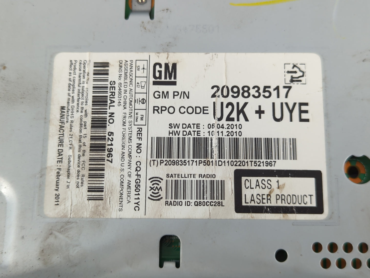 2011-2012 Chevrolet Cruze Radio AM FM Cd Player Receiver Replacement P/N:20983517 Fits Fits 2010 2011 2012 OEM Used Auto Par
