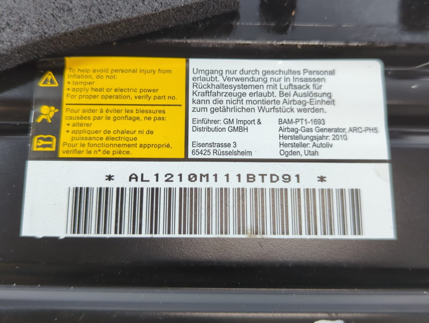 2011-2012 Chevrolet Equinox Air Bag Passenger Right Dashboard OEM P/N:AL1210M111BTD91 Fits Fits 2011 2012 OEM Used Auto Part