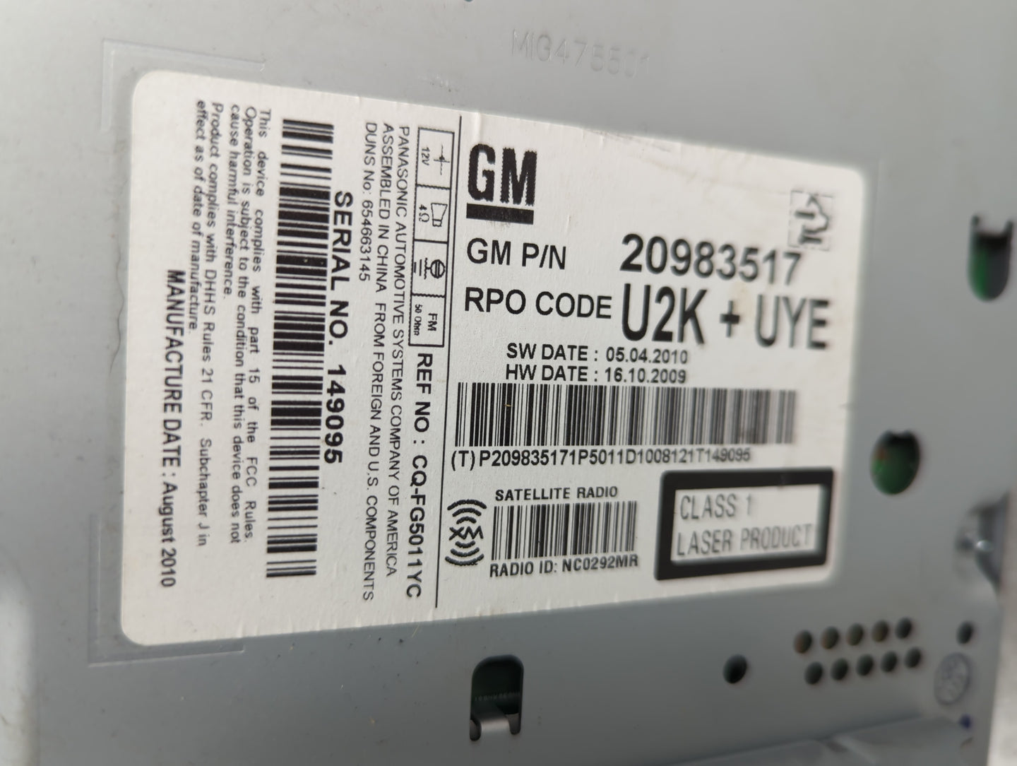 2011 Chevrolet Equinox Radio AM FM Cd Player Receiver Replacement P/N:20983517 Fits Fits 2010 OEM Used Auto Parts - Oemuseda