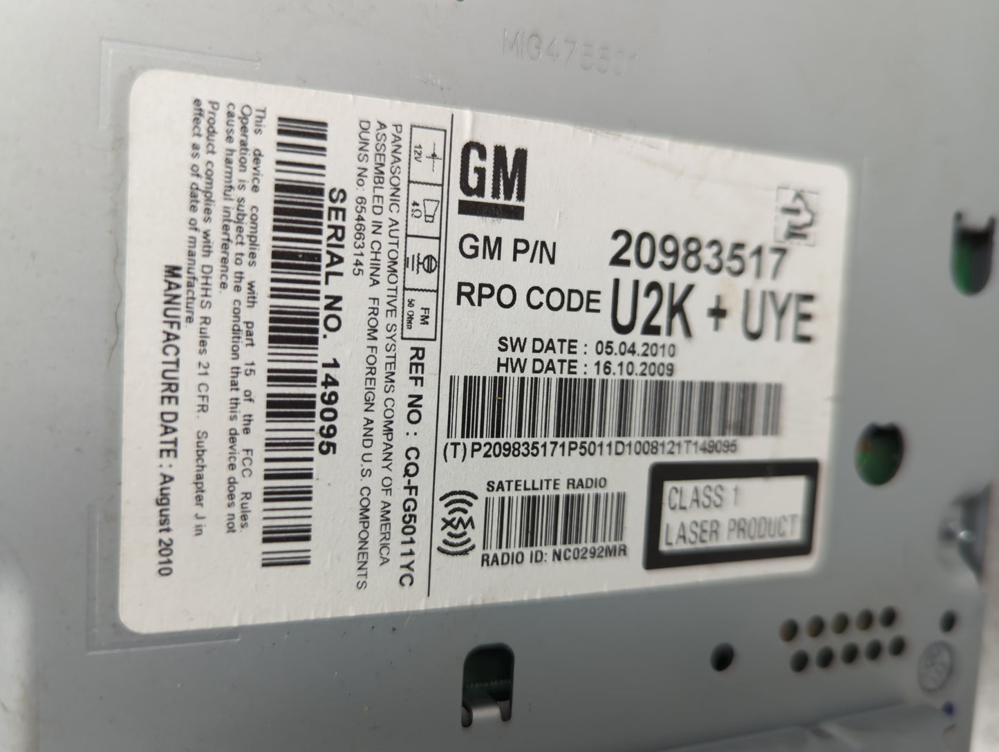 2011 Chevrolet Equinox Radio AM FM Cd Player Receiver Replacement P/N:20983517 Fits Fits 2010 OEM Used Auto Parts - Oemuseda