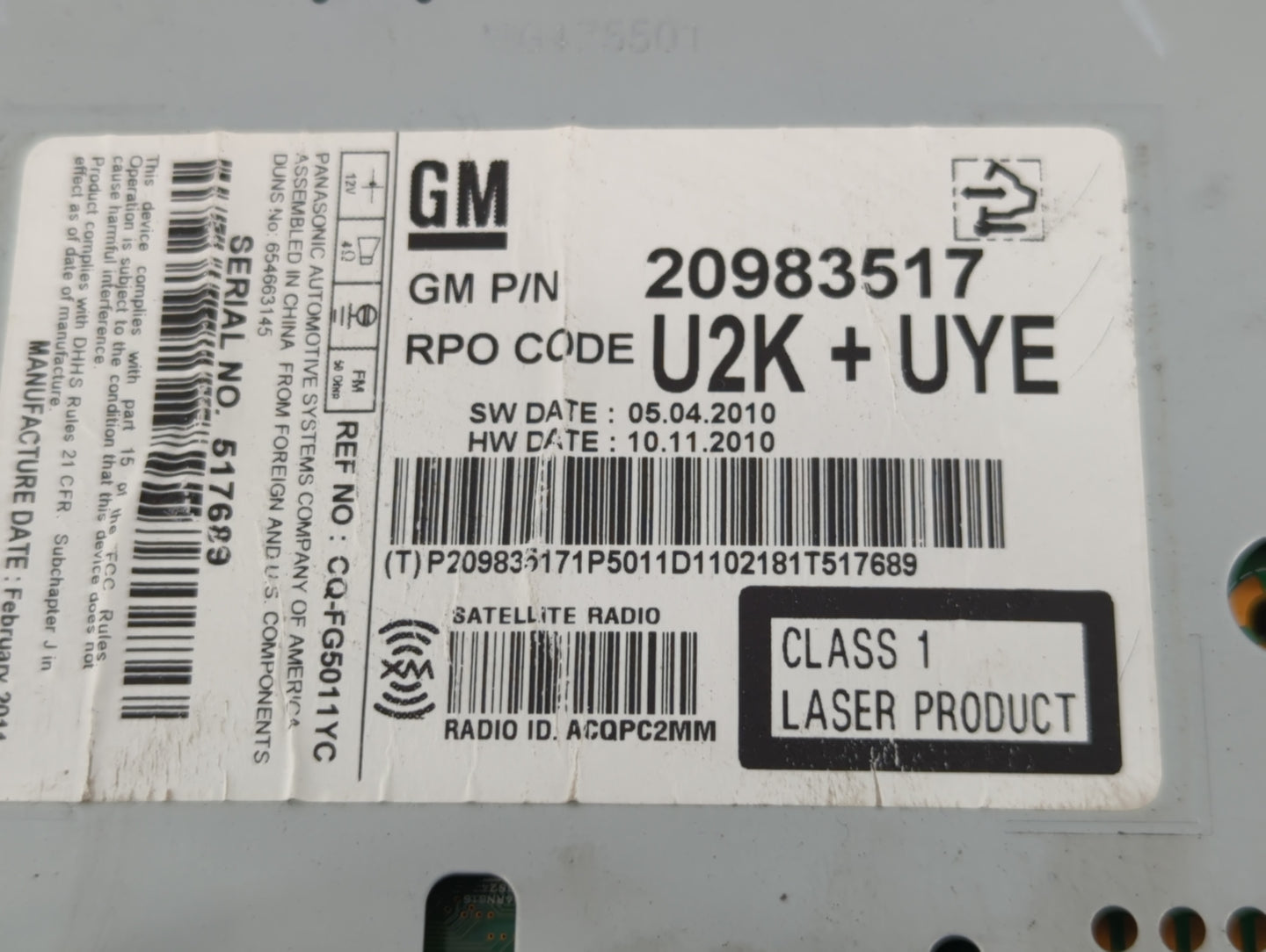 2011-2012 Chevrolet Equinox Radio AM FM Cd Player Receiver Replacement P/N:20983517 Fits Fits 2010 2011 2012 OEM Used Auto P