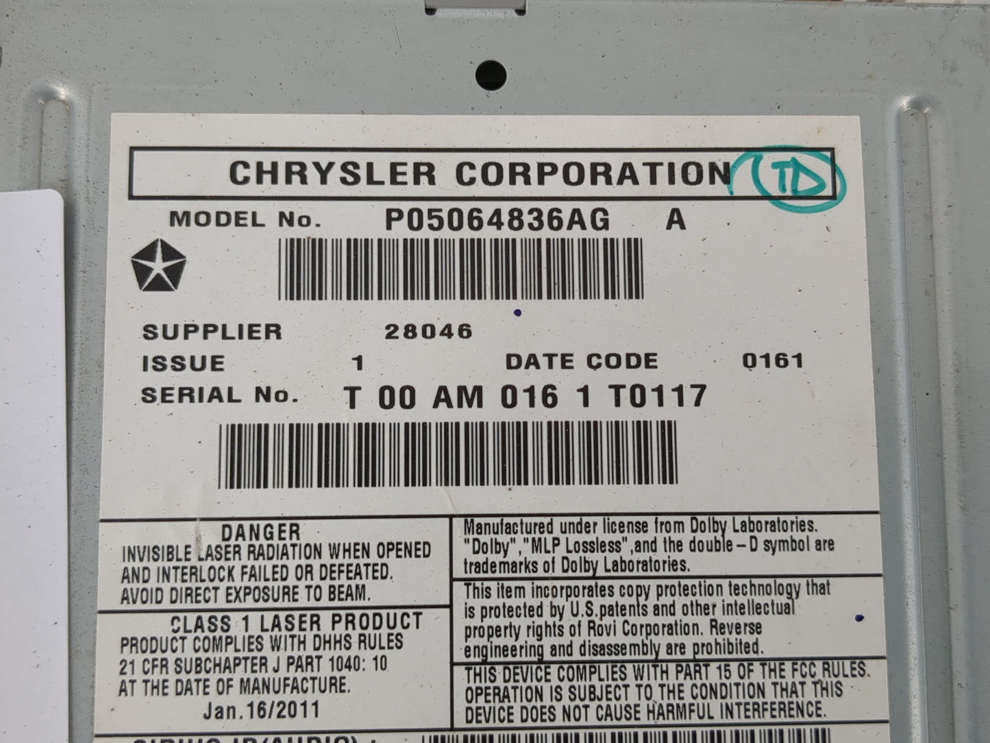 2011-2012 Chrysler 200 Radio AM FM Cd Player Receiver Replacement P/N:P05064836AG Fits Fits 2011 2012 OEM Used Auto Parts - 