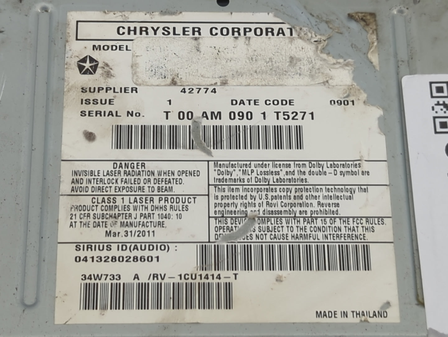 2011-2014 Chrysler 200 Radio AM FM Cd Player Receiver Replacement P/N:05064040AH 34W733, P05091040AH Fits Fits 2011 2012 201
