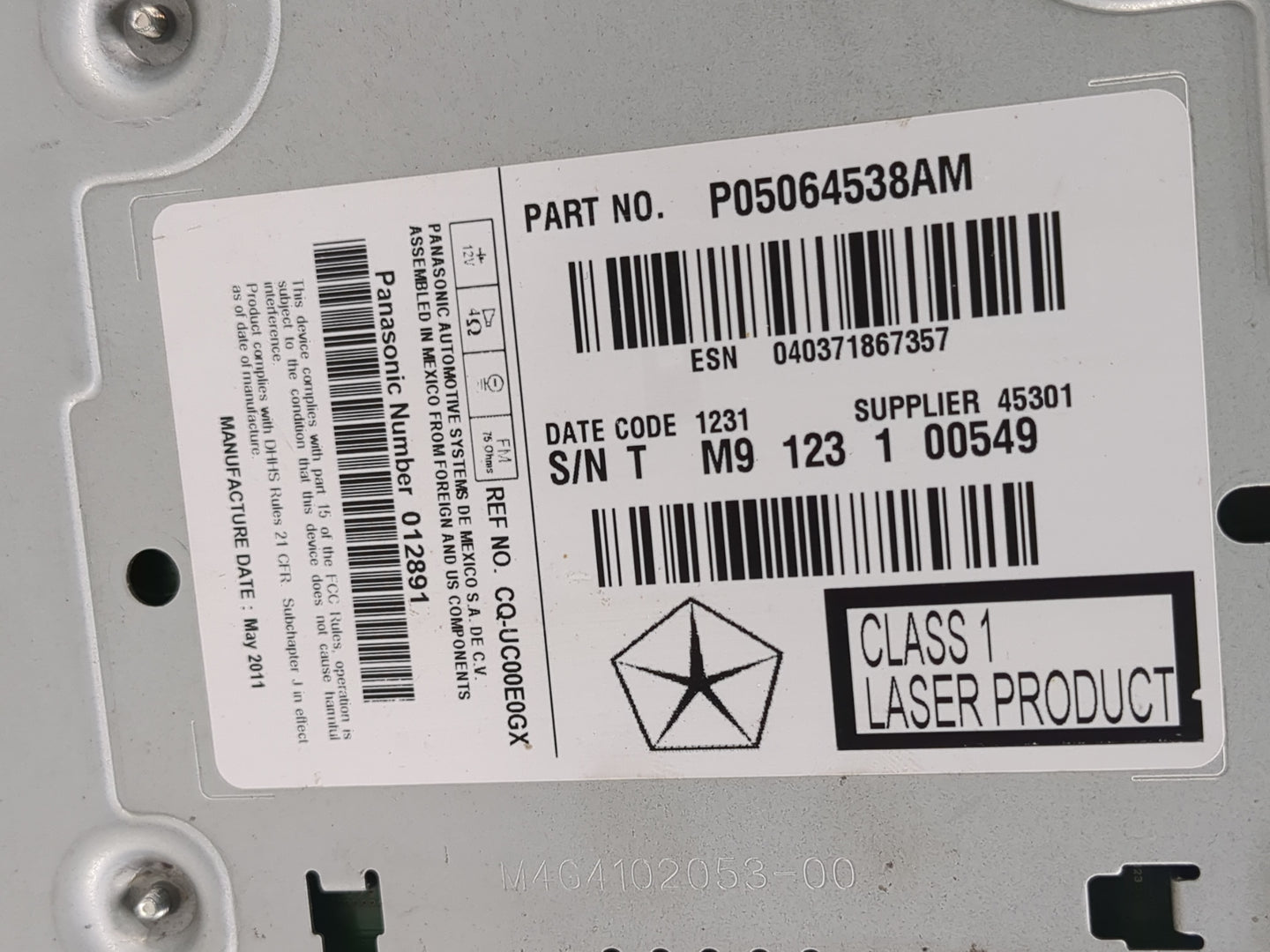 2011 Chrysler 300 Radio AM FM Cd Player Receiver Replacement P/N:P05064538AM Fits OEM Used Auto Parts - Oemusedautoparts1.co