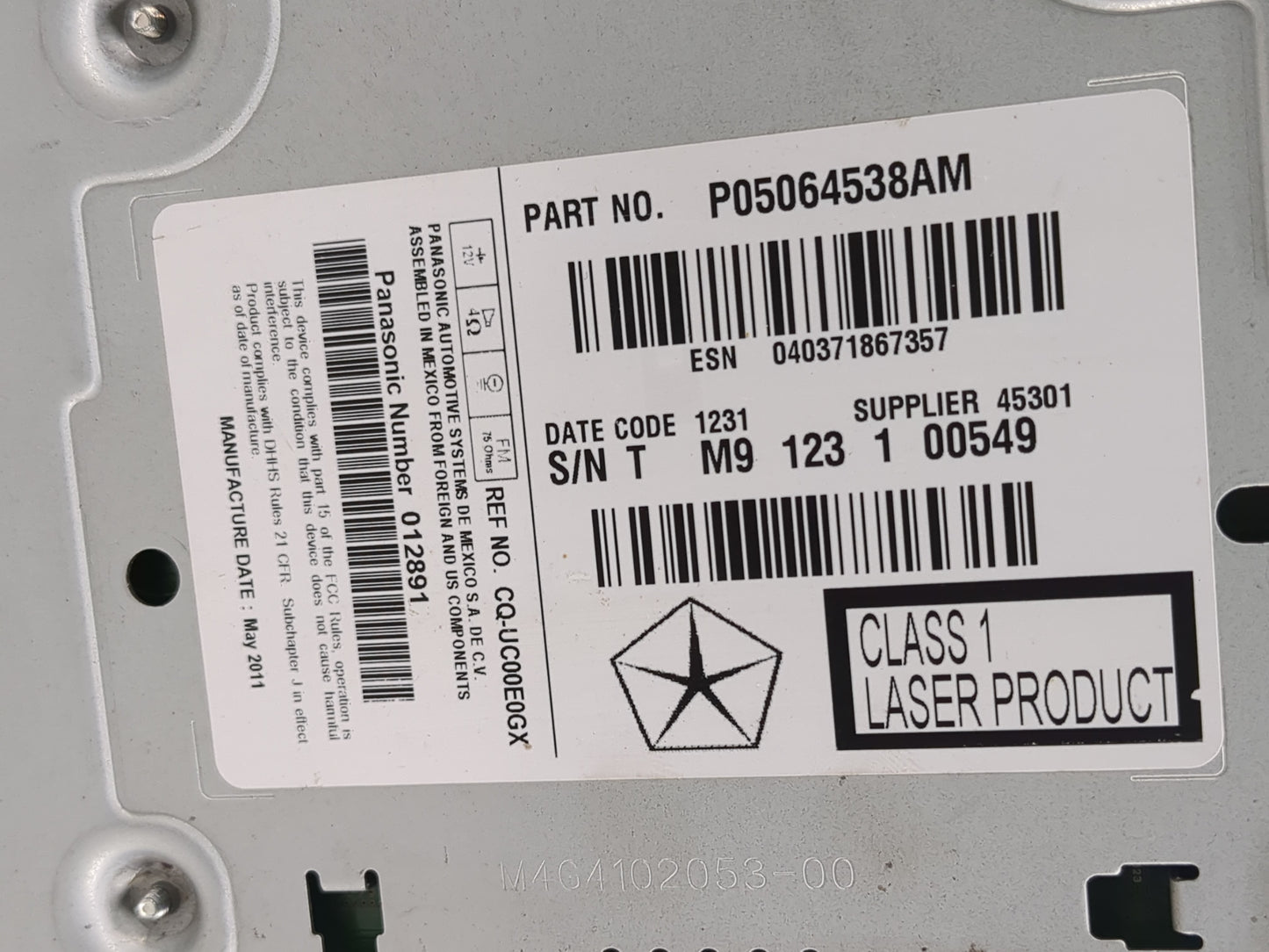 2011 Chrysler 300 Radio AM FM Cd Player Receiver Replacement P/N:P05064538AM Fits OEM Used Auto Parts - Oemusedautoparts1.co
