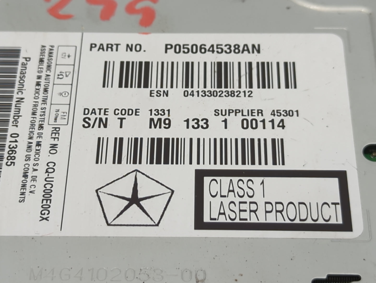 2011 Chrysler 300 Radio AM FM Cd Player Receiver Replacement P/N:05064538AN Fits OEM Used Auto Parts - Oemusedautoparts1.com