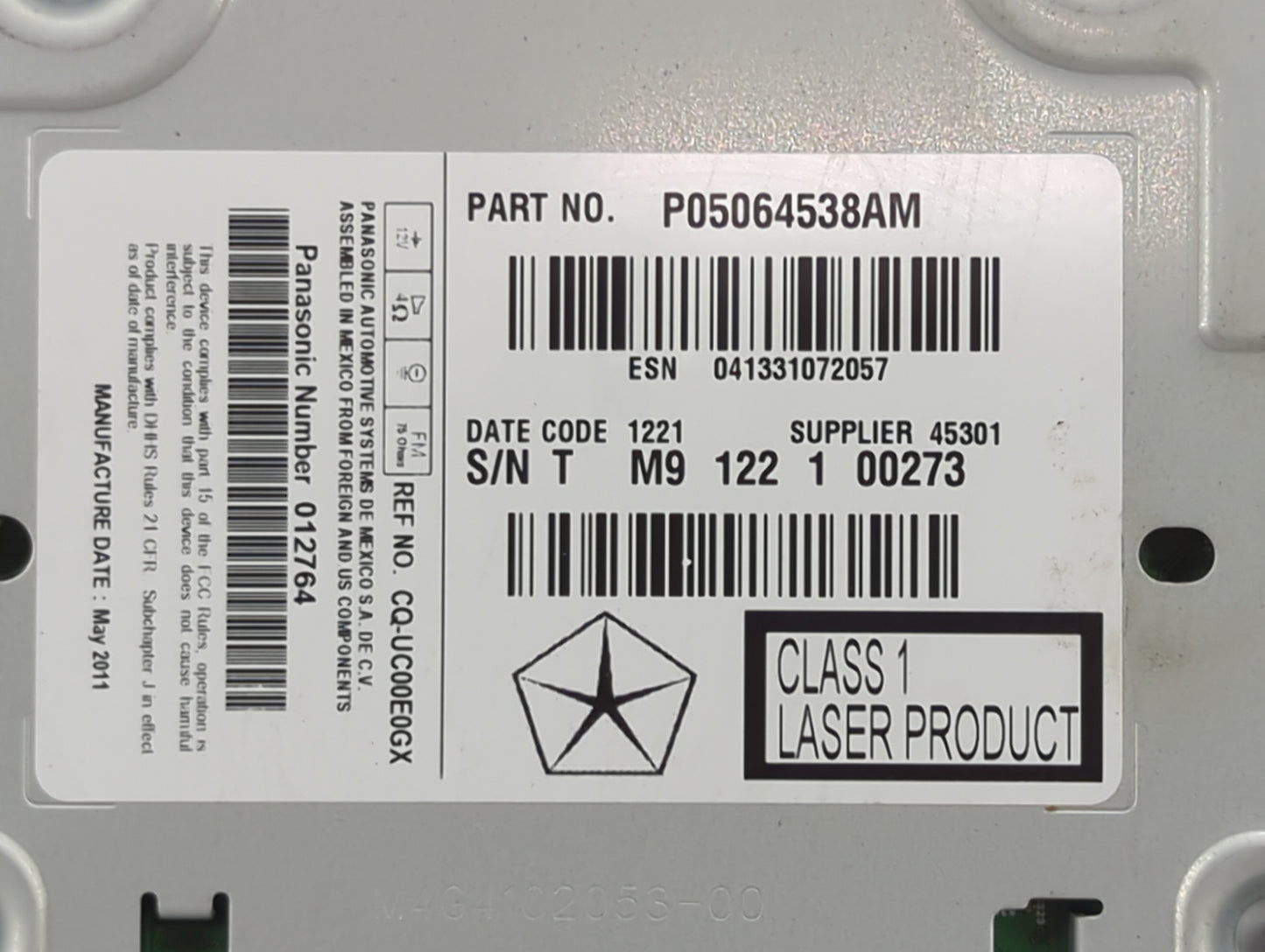 2011 Chrysler 300 Radio AM FM Cd Player Receiver Replacement P/N:P05064538AM CQ-UC00E0GX Fits OEM Used Auto Parts - Oemuseda
