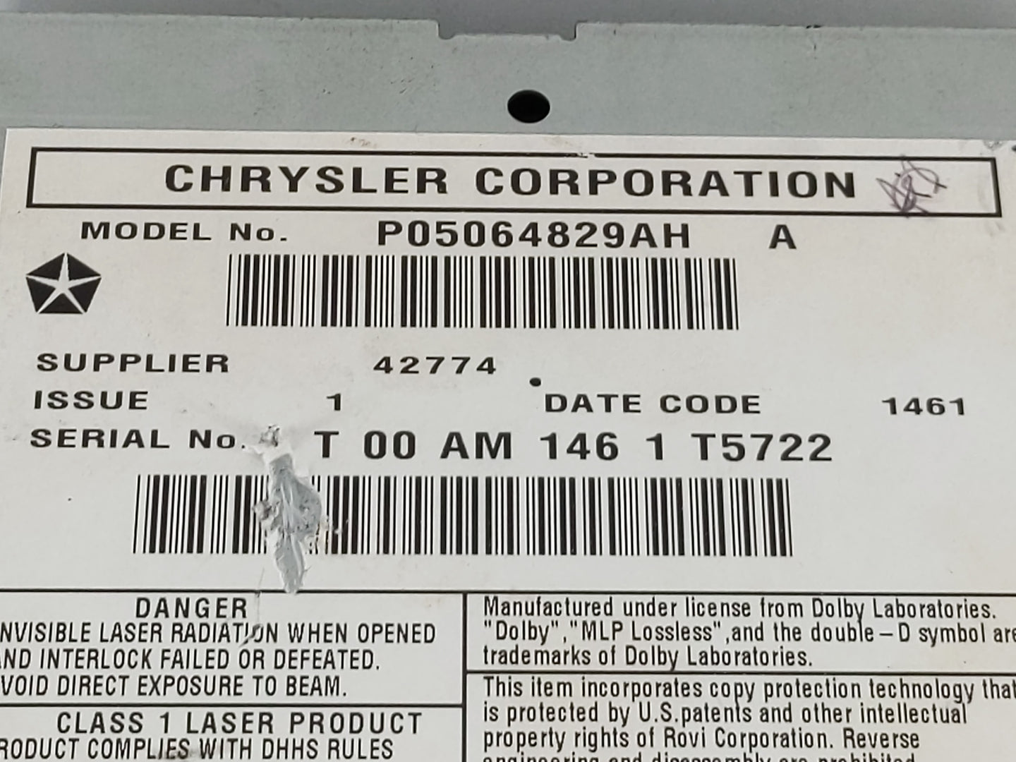 2011 Chrysler Town & Country Radio AM FM Cd Player Receiver Replacement P/N:P05064829AH P05064829AG Fits OEM Used Auto Parts