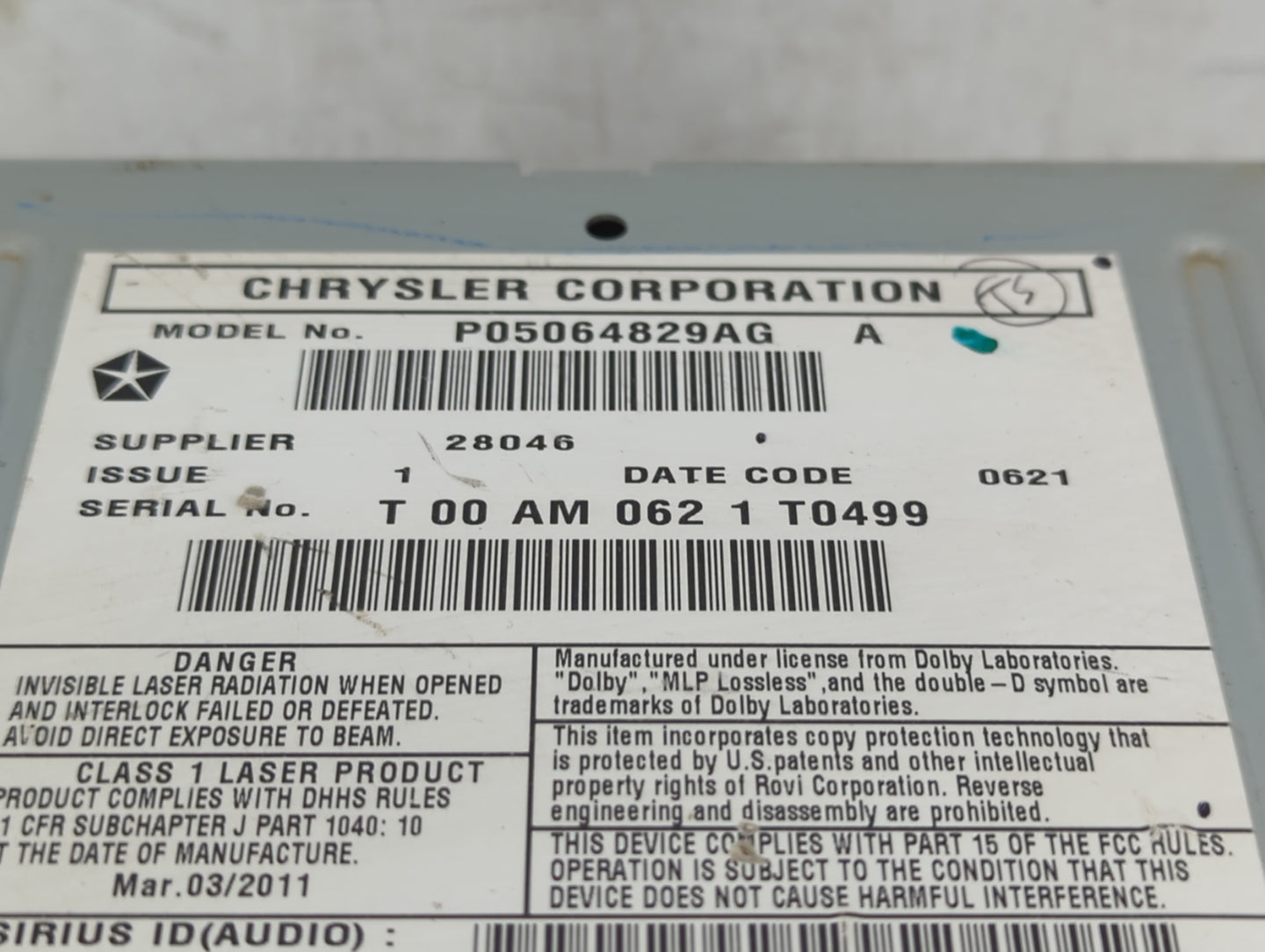 2011 Chrysler Town & Country Radio AM FM Cd Player Receiver Replacement P/N:05064829AG Fits OEM Used Auto Parts - Oemusedaut