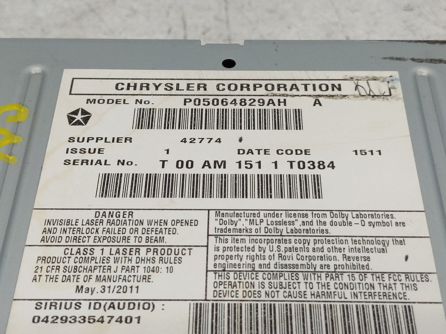 2011 Chrysler Town & Country Radio AM FM Cd Player Receiver Replacement P/N:P05064829AH Fits OEM Used Auto Parts - Oemusedau