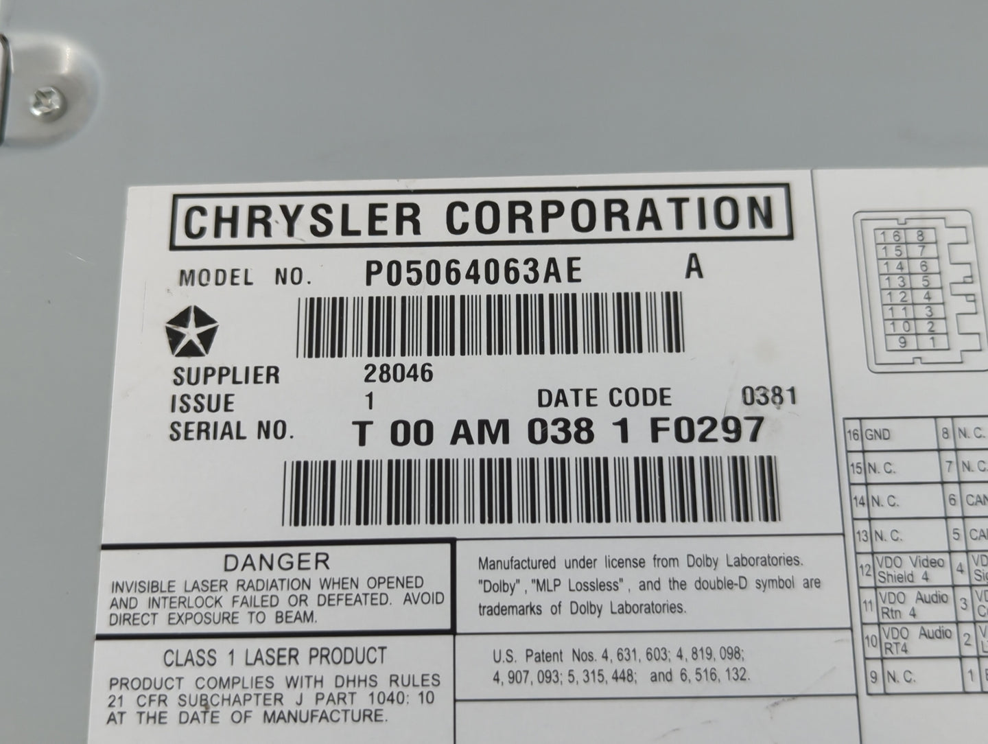 2009-2011 Chrysler Town & Country Radio AM FM Cd Player Receiver Replacement P/N:P05064063AE Fits Fits 2008 2009 2010 2011 O