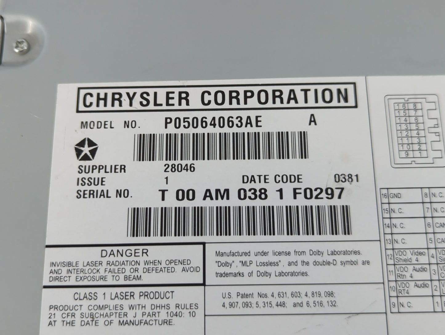 2009-2011 Chrysler Town & Country Radio AM FM Cd Player Receiver Replacement P/N:P05064063AE Fits Fits 2008 2009 2010 2011 O