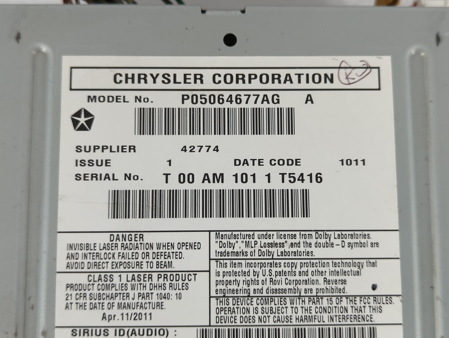 2011-2014 Dodge Avenger Radio AM FM Cd Player Receiver Replacement P/N:P05064677AG Fits Fits 2011 2012 2013 2014 OEM Used Au