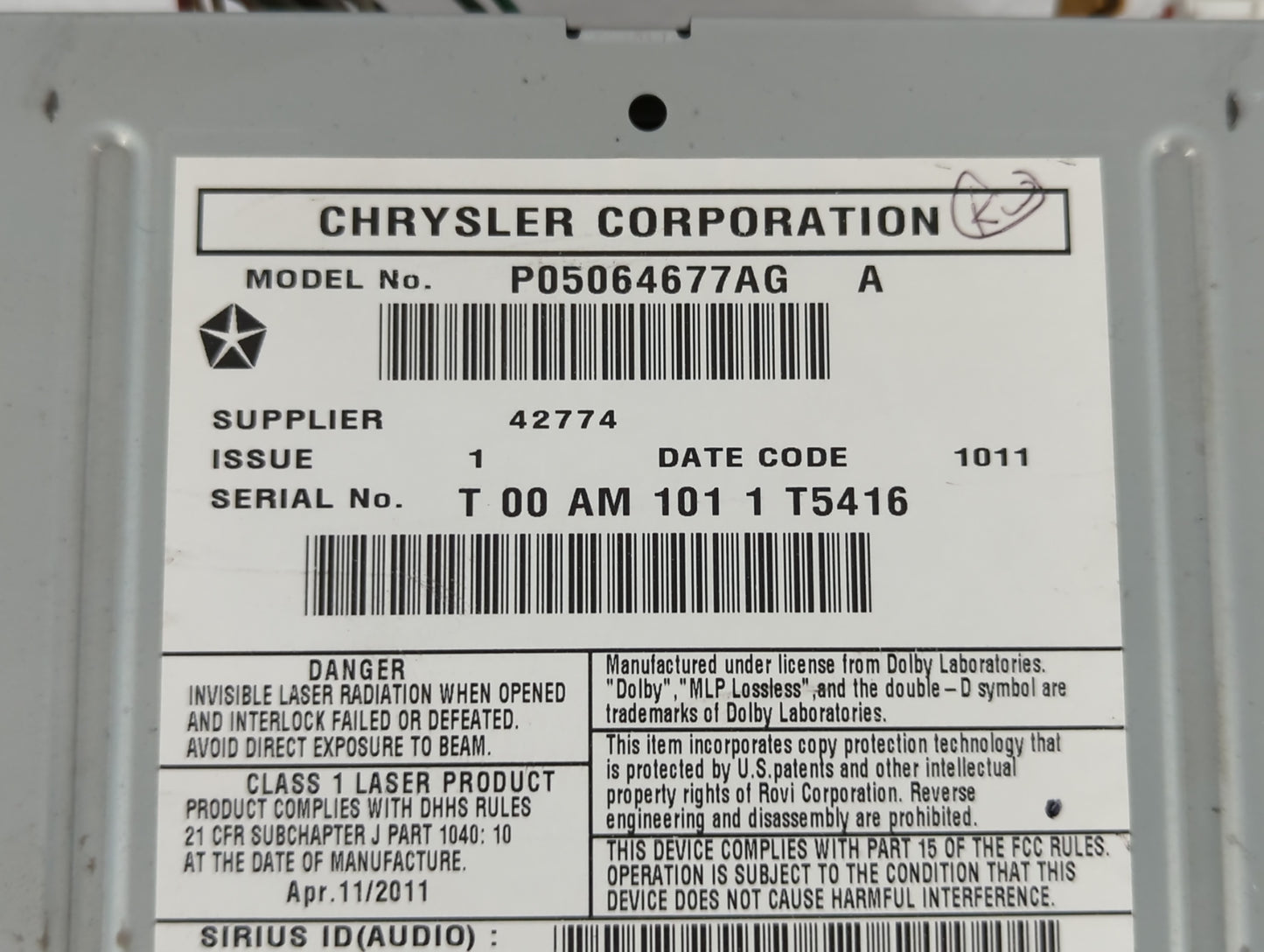 2011-2014 Dodge Avenger Radio AM FM Cd Player Receiver Replacement P/N:P05064677AG Fits Fits 2011 2012 2013 2014 OEM Used Au