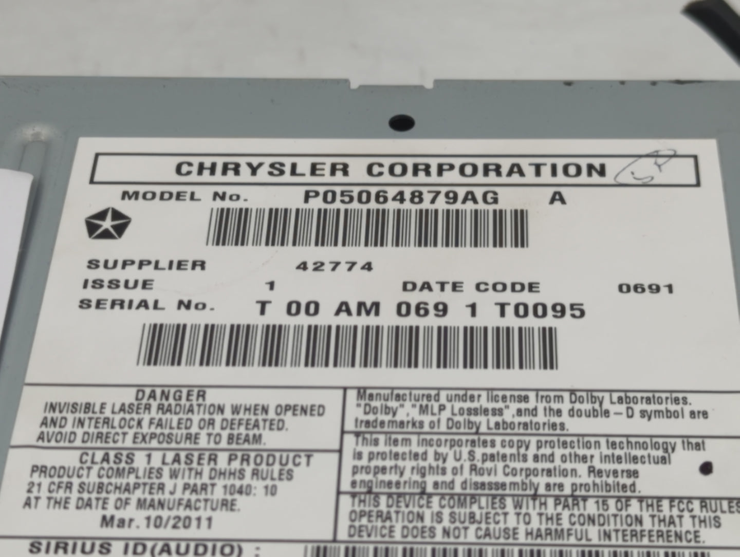 2011 Dodge Caravan Radio AM FM Cd Player Receiver Replacement P/N:P05064879AG Fits Fits 2008 2009 2010 2014 OEM Used Auto Pa