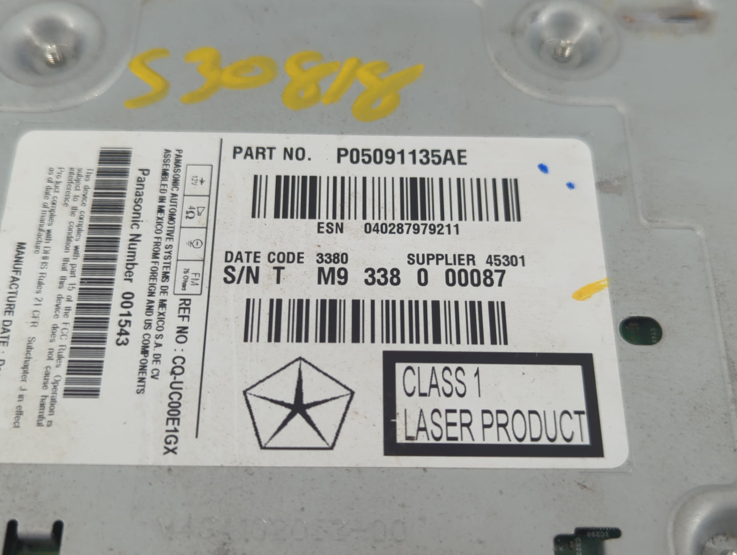 2011-2012 Dodge Journey Radio AM FM Cd Player Receiver Replacement P/N:P05091135AE Fits Fits 2011 2012 OEM Used Auto Parts -