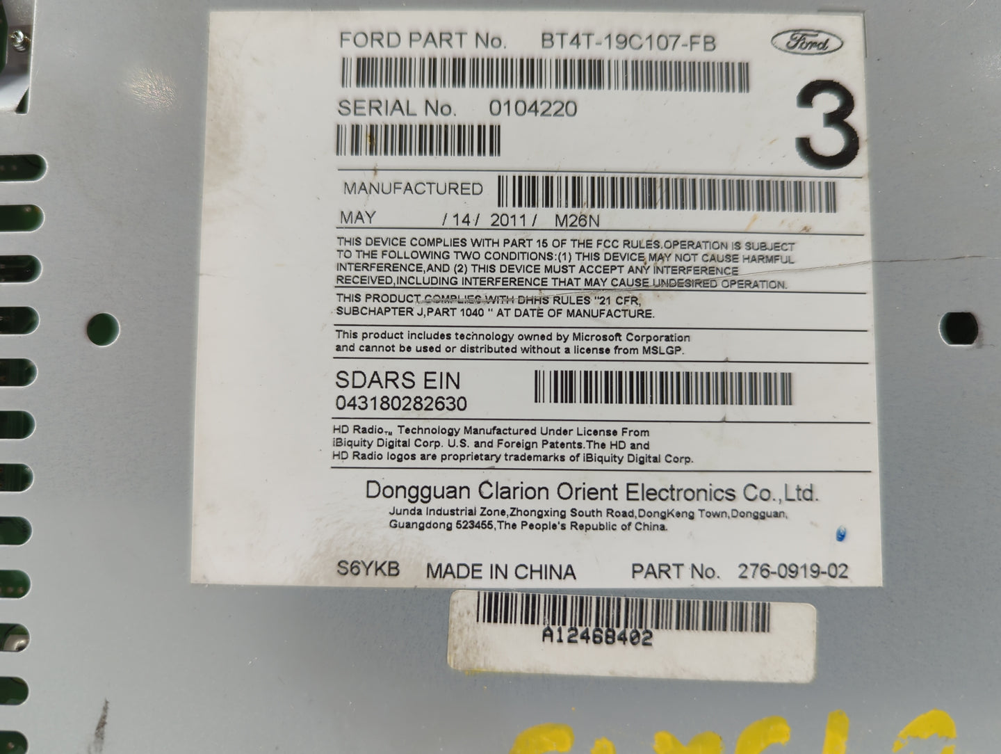 2011 Ford Edge Radio AM FM Cd Player Receiver Replacement P/N:BT4T-19C107-FB Fits OEM Used Auto Parts - Oemusedautoparts1.co