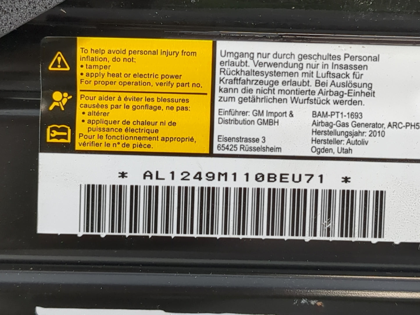 2011-2012 Gmc Terrain Air Bag Passenger Right Dashboard OEM P/N:AL1249M110BEU Fits Fits 2011 2012 OEM Used Auto Parts - Oemu