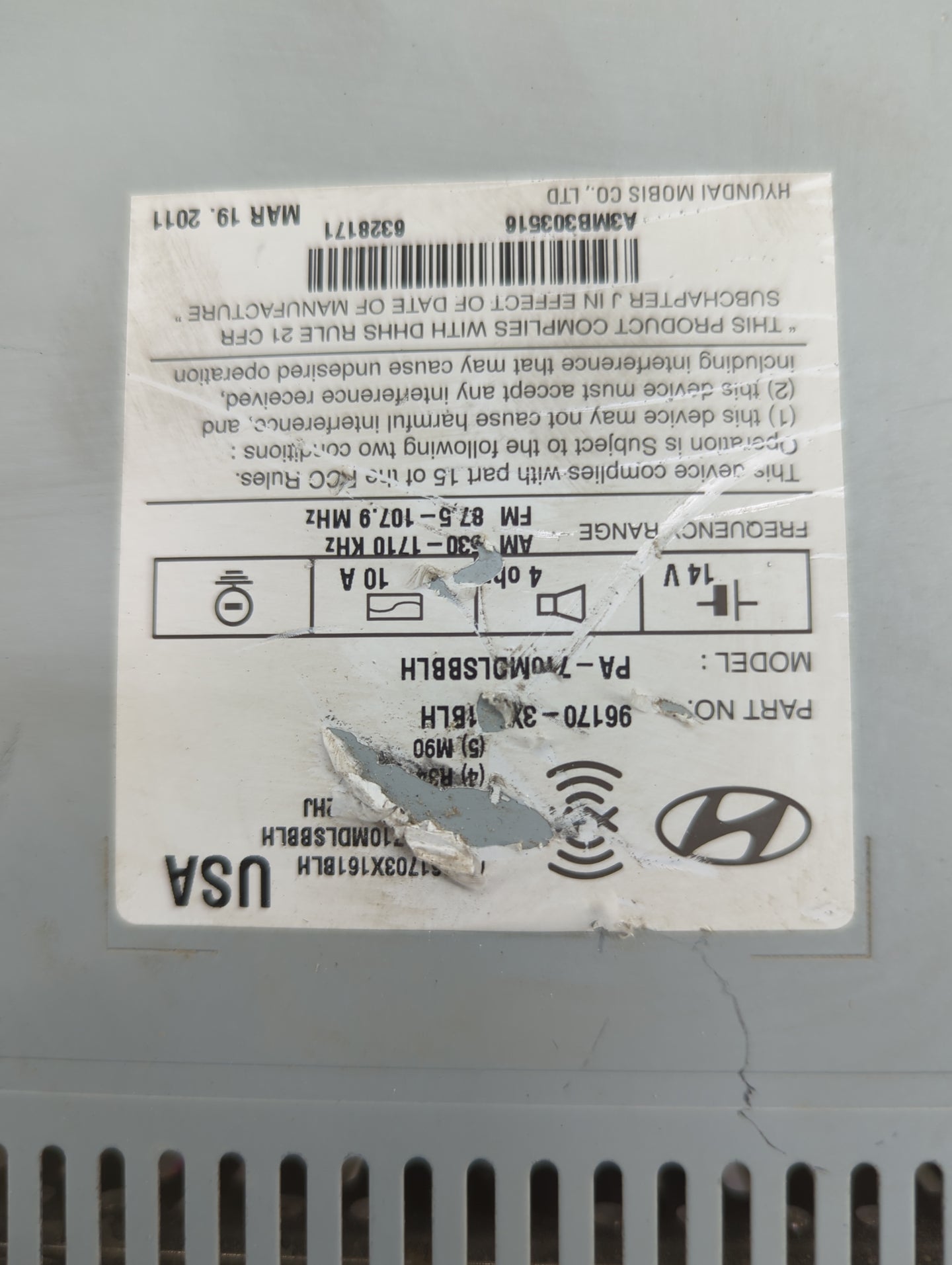 2011 Hyundai Elantra Radio AM FM Cd Player Receiver Replacement P/N:96170-3X1BLH PA-710MDLSBBLH, 96220-3X100 Fits OEM Used A