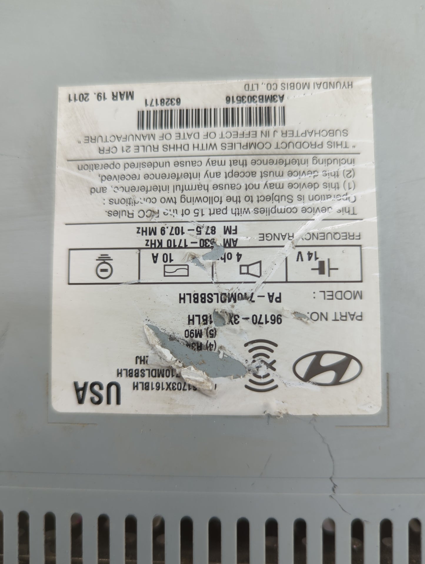 2011 Hyundai Elantra Radio AM FM Cd Player Receiver Replacement P/N:96170-3X1BLH PA-710MDLSBBLH, 96220-3X100 Fits OEM Used A