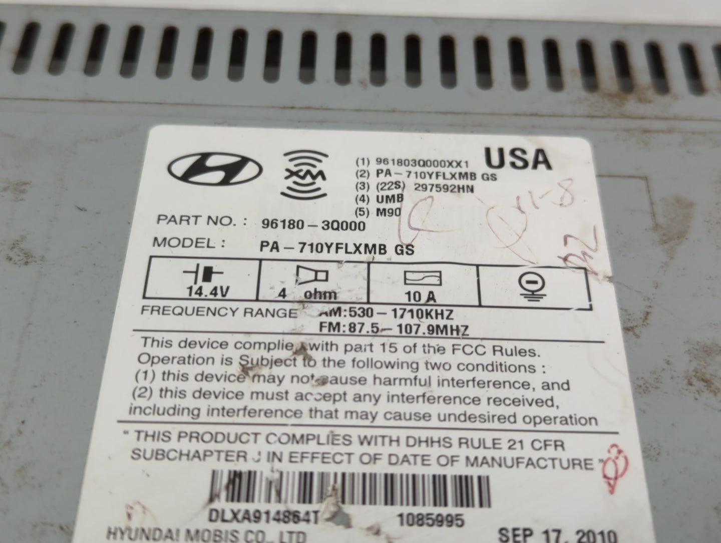 2011 Hyundai Sonata Radio AM FM Cd Player Receiver Replacement P/N:96180-3Q000 Fits OEM Used Auto Parts - Oemusedautoparts1.