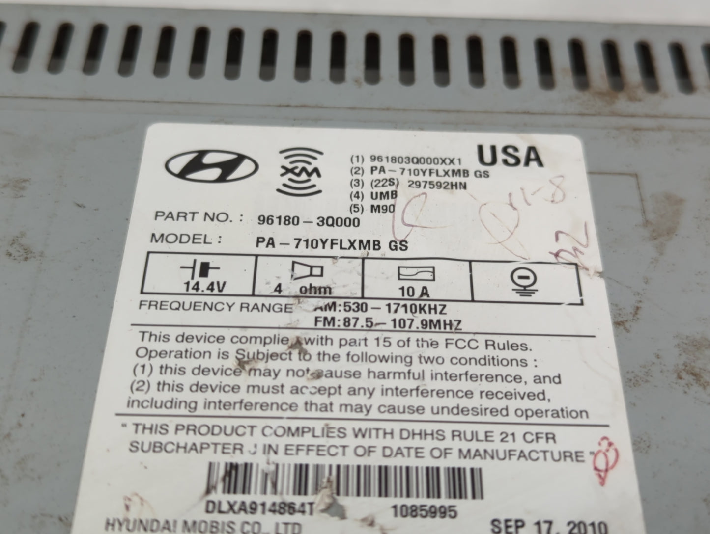 2011 Hyundai Sonata Radio AM FM Cd Player Receiver Replacement P/N:96180-3Q000 Fits OEM Used Auto Parts - Oemusedautoparts1.