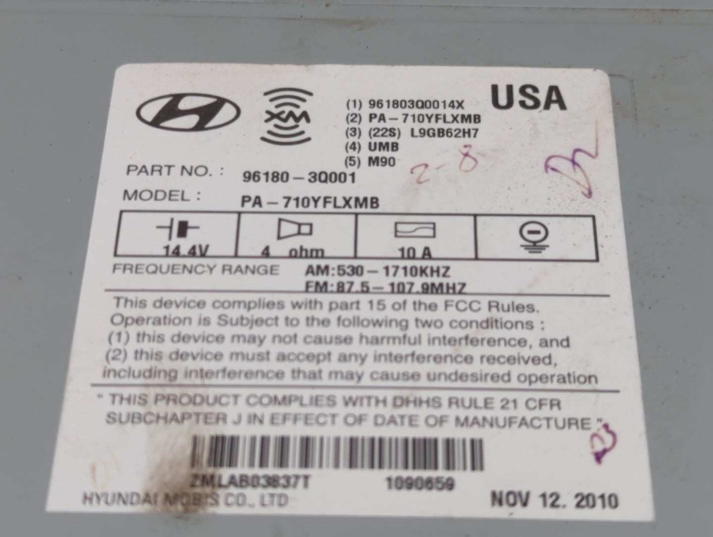 2011 Hyundai Sonata Radio AM FM Cd Player Receiver Replacement P/N:96180-3Q001 Fits OEM Used Auto Parts - Oemusedautoparts1.