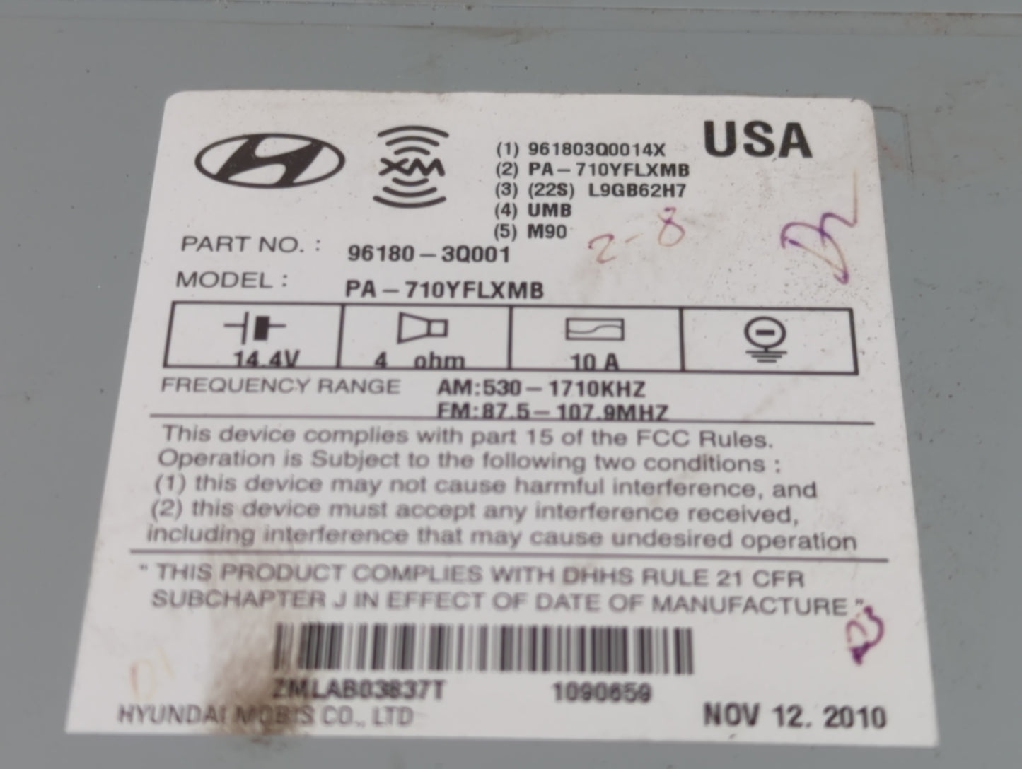 2011 Hyundai Sonata Radio AM FM Cd Player Receiver Replacement P/N:96180-3Q001 Fits OEM Used Auto Parts - Oemusedautoparts1.