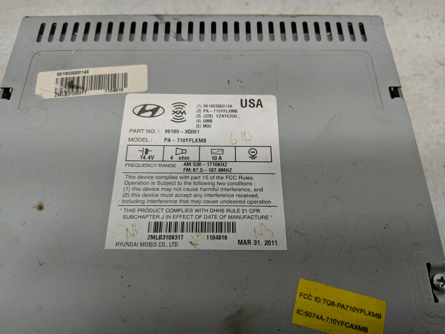 2011 Hyundai Sonata Radio AM FM Cd Player Receiver Replacement P/N:96560-3Q501 Fits OEM Used Auto Parts - Oemusedautoparts1.