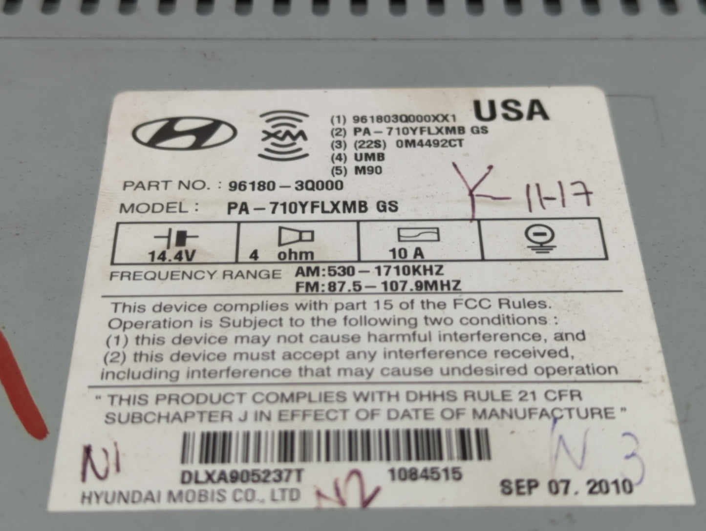 2011 Hyundai Sonata Radio AM FM Cd Player Receiver Replacement P/N:96180-3Q000 Fits OEM Used Auto Parts - Oemusedautoparts1.