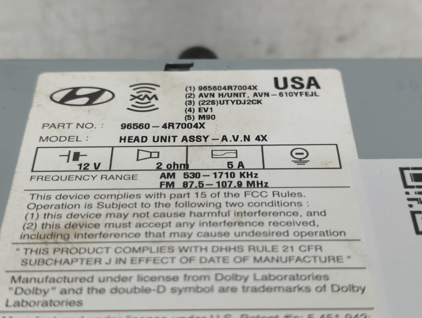 2011-2012 Hyundai Sonata Radio AM FM Cd Player Receiver Replacement P/N:96560-4R7004X Fits Fits 2011 2012 OEM Used Auto Part