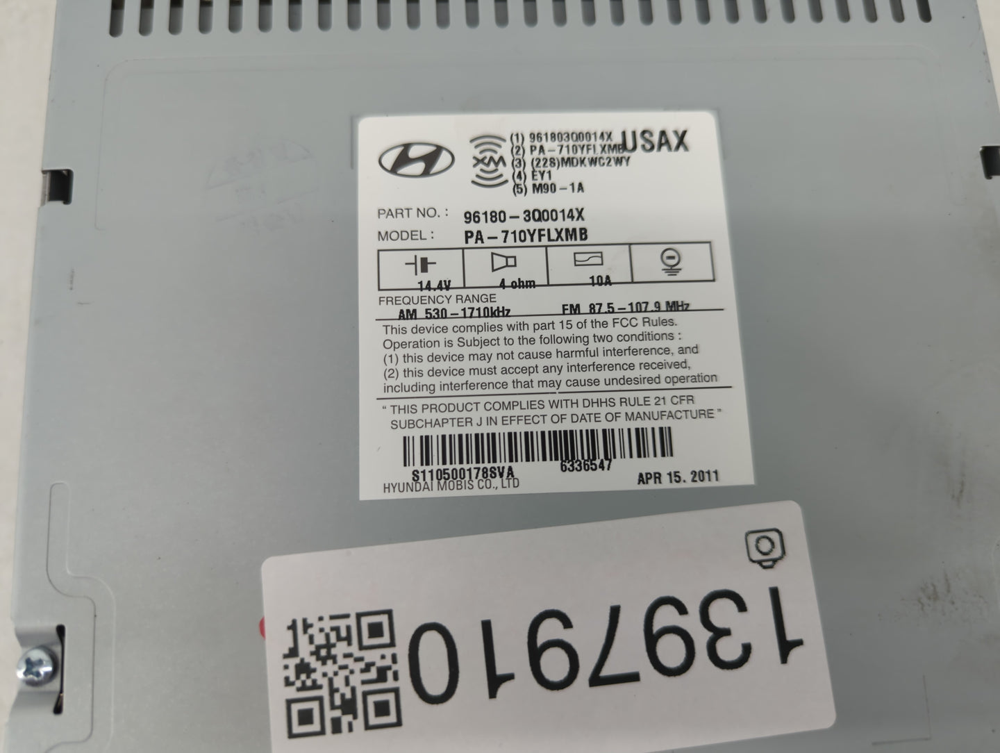 2011 Hyundai Sonata Radio AM FM Cd Player Receiver Replacement P/N:96180-3Q0014X Fits OEM Used Auto Parts - Oemusedautoparts