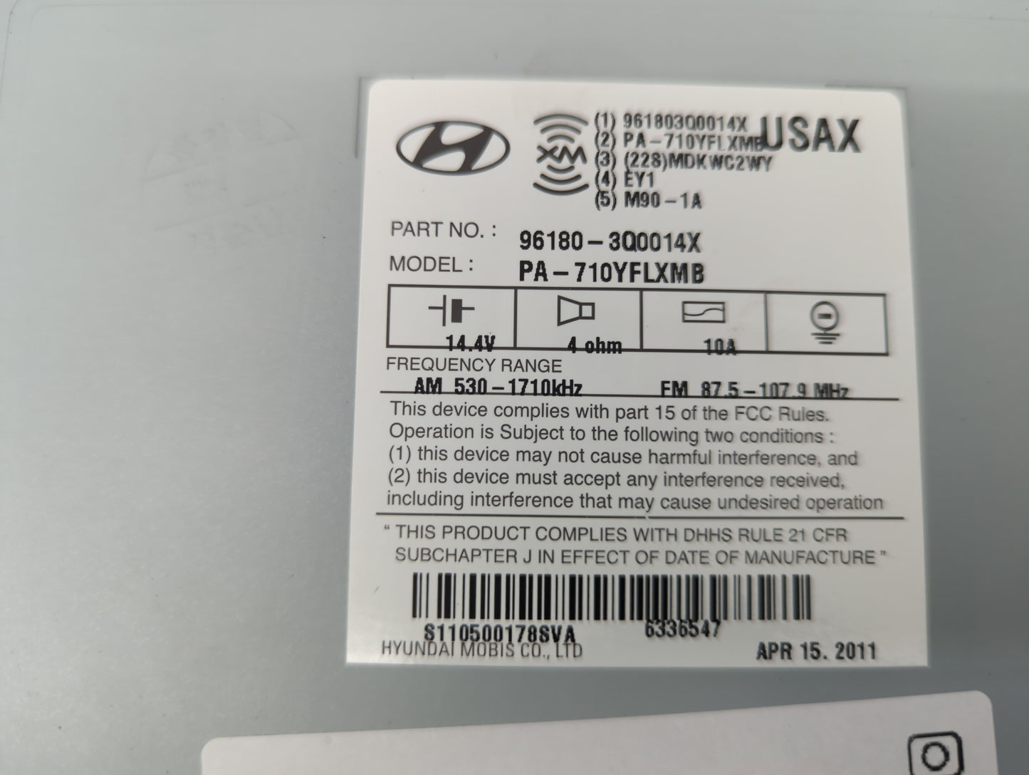 2011 Hyundai Sonata Radio AM FM Cd Player Receiver Replacement P/N:96180-3Q0014X Fits OEM Used Auto Parts - Oemusedautoparts