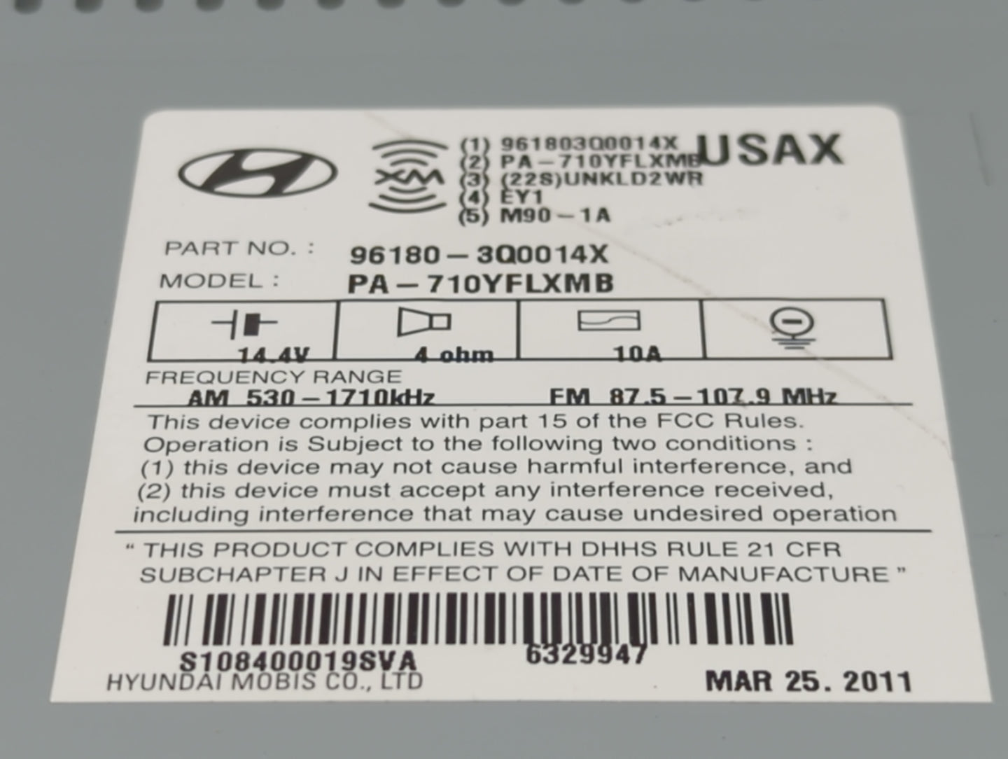 2011 Hyundai Sonata Radio AM FM Cd Player Receiver Replacement P/N:96180-3Q0014X PA-710YFLXMB Fits OEM Used Auto Parts - Oem
