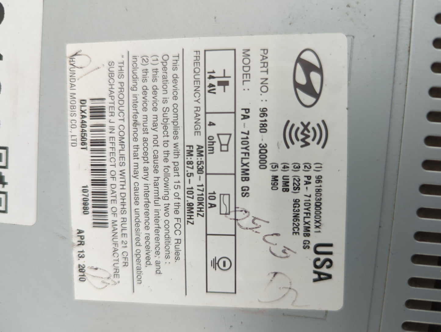 2011 Hyundai Sonata Radio AM FM Cd Player Receiver Replacement P/N:96180-3D000 PA-710YFLXMB, 9G3N62CE, 961803D000XX1 Fits OE