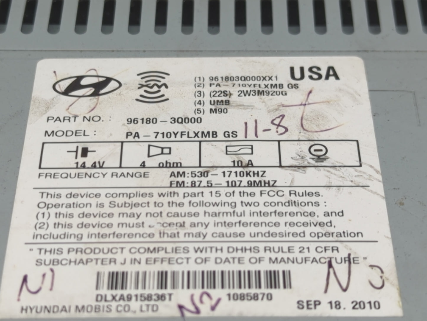 2011 Hyundai Sonata Radio AM FM Cd Player Receiver Replacement P/N:96180-3Q000 PA-710YFLXMB, 961803Q000XX1 Fits OEM Used Aut