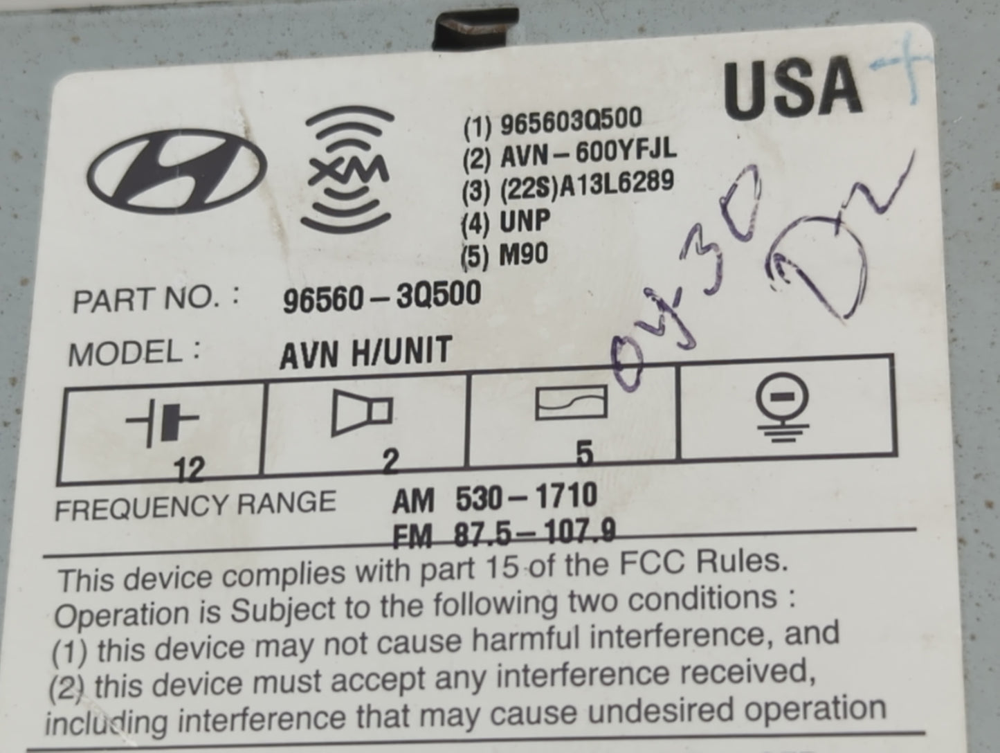 2011 Hyundai Sonata Radio AM FM Cd Player Receiver Replacement P/N:96560-3Q500 965603Q500, AVN-600YFJL Fits OEM Used Auto Pa