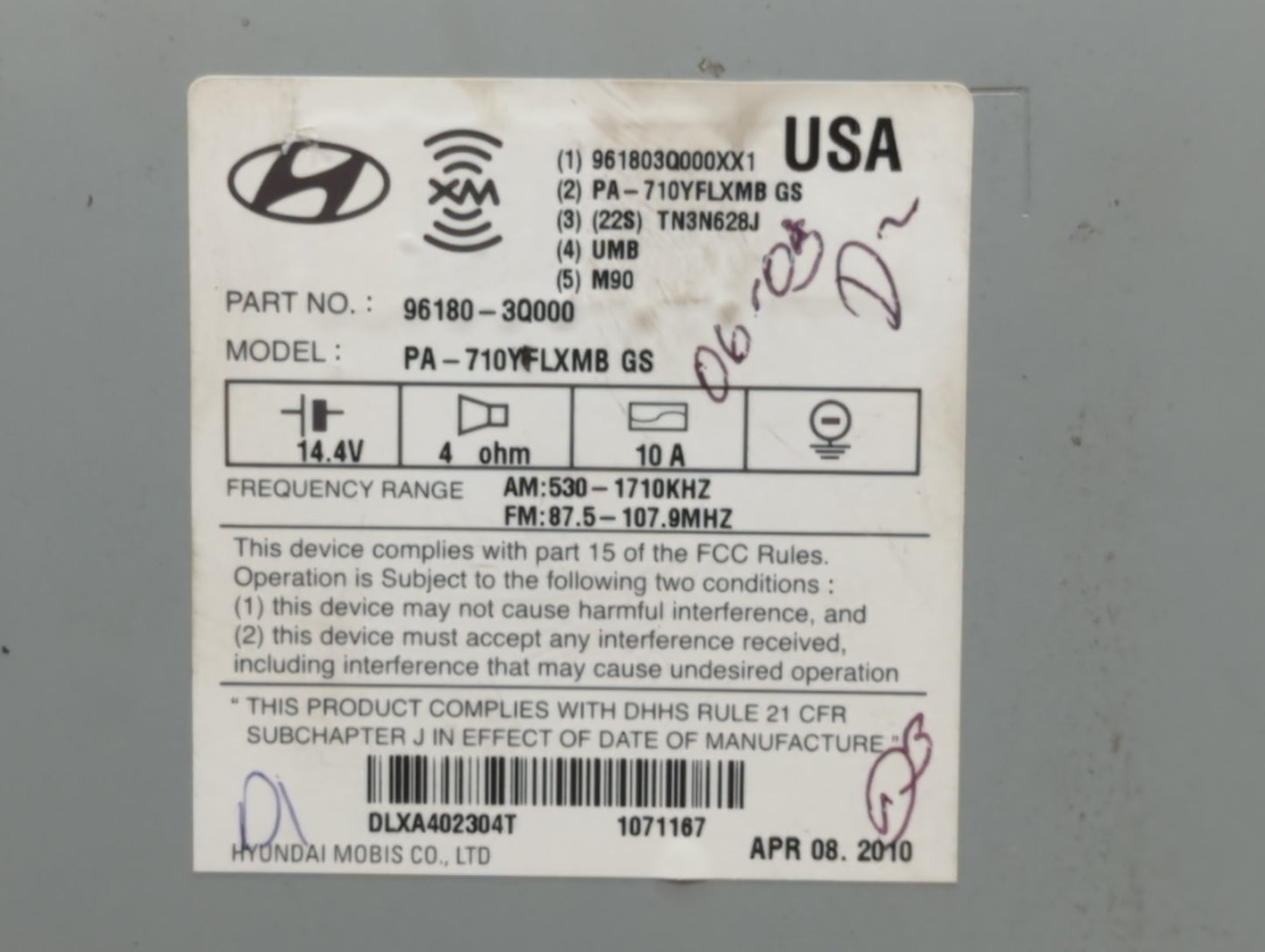 2011 Hyundai Sonata Radio AM FM Cd Player Receiver Replacement P/N:96180-3Q001 96180-3Q000 Fits OEM Used Auto Parts - Oemuse