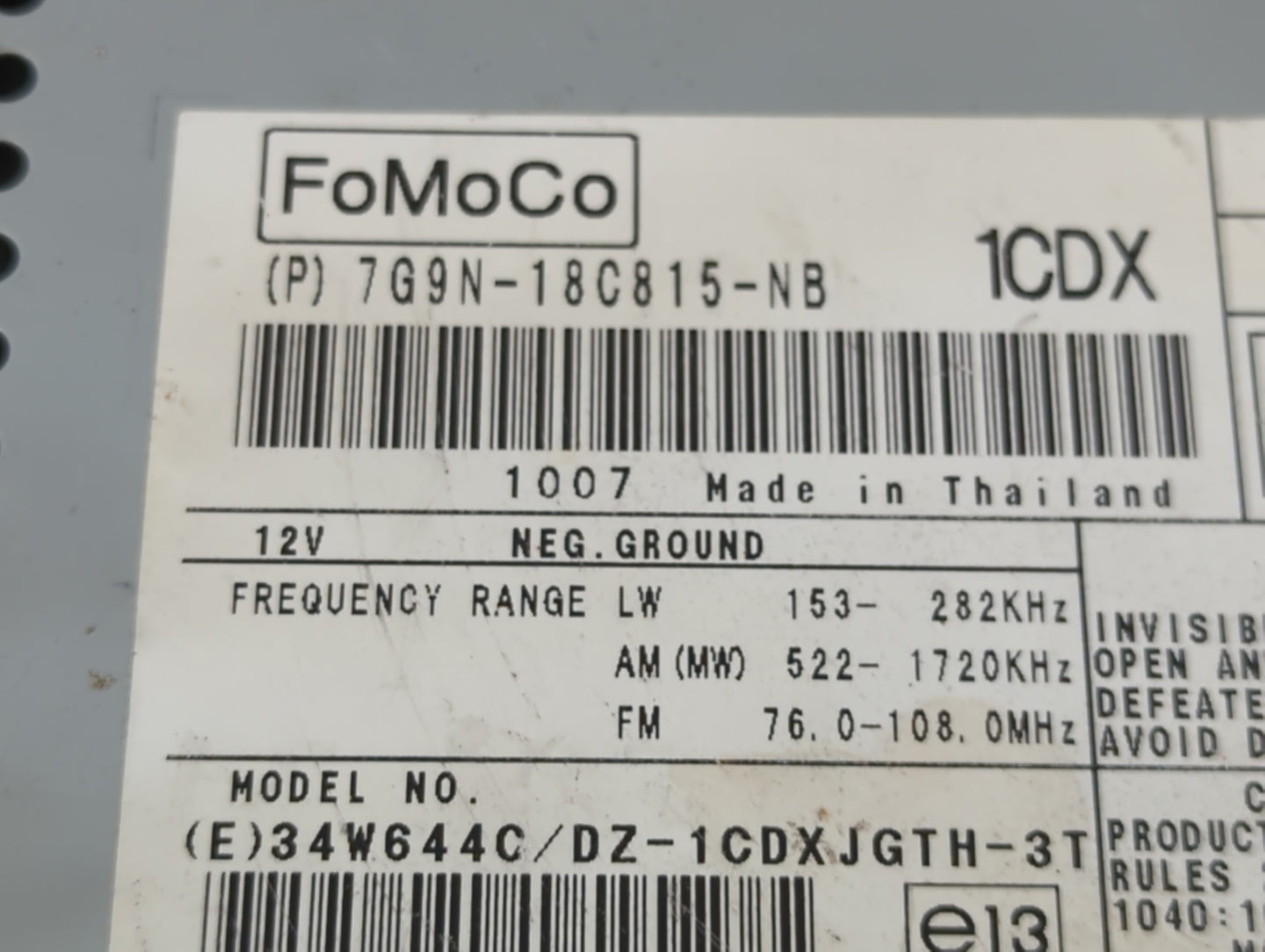 2011 Jaguar Xf Radio AM FM Cd Player Receiver Replacement P/N:7G9N-18C815-NB Fits Fits 2012 2013 2014 2015 OEM Used Auto Par