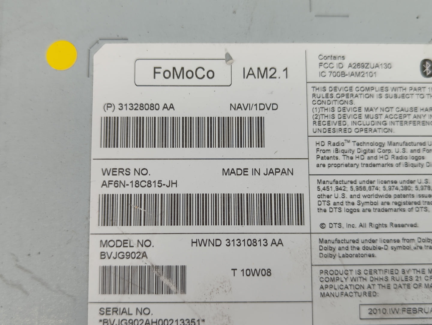 2010-2011 Jaguar Xj Radio AM FM Cd Player Receiver Replacement P/N:AF6N-18C815-JH 31328080 Fits Fits 2010 2011 OEM Used Auto