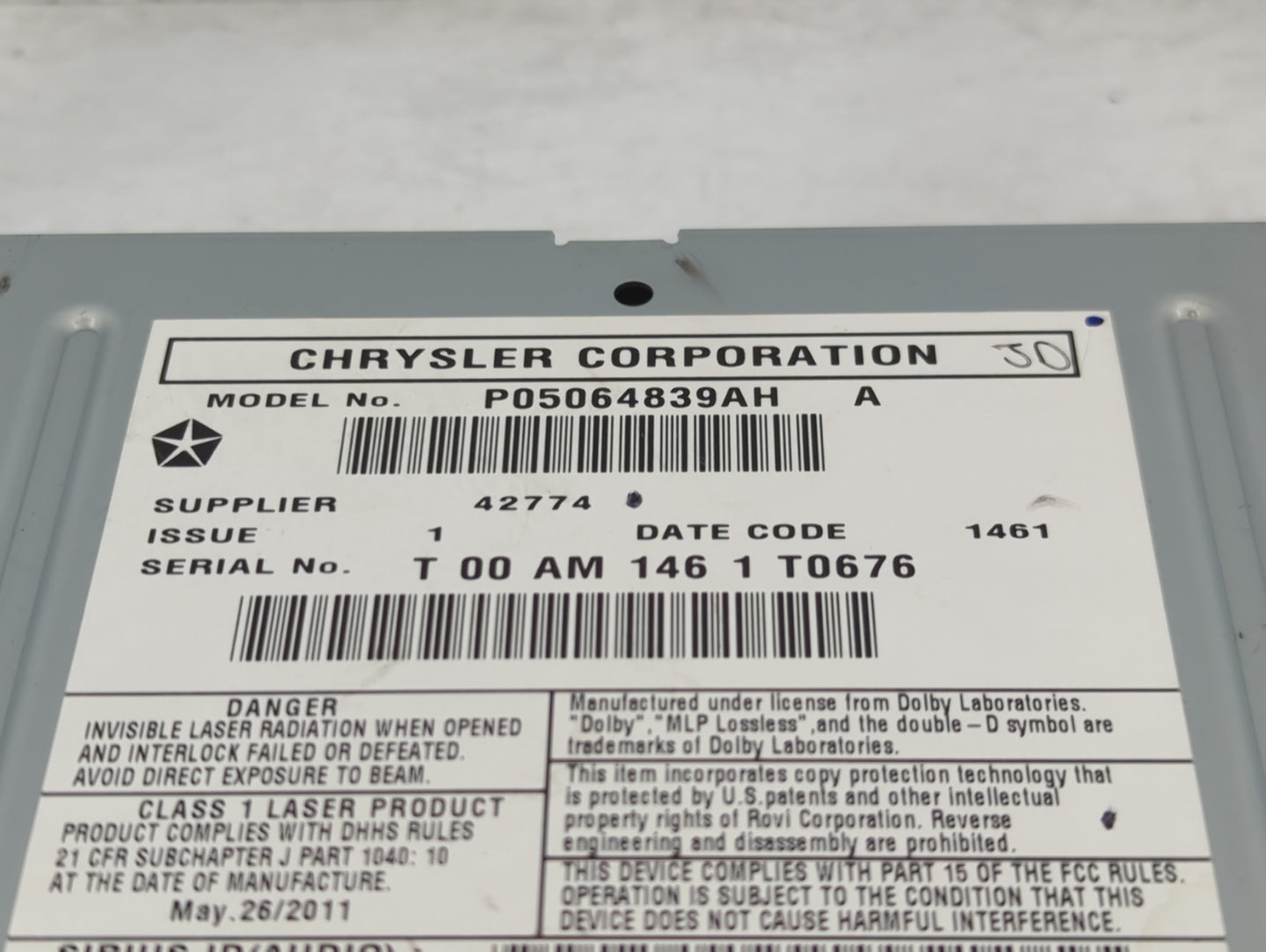 2011 Jeep Grand Cherokee Radio AM FM Cd Player Receiver Replacement P/N:P05064839AH Fits OEM Used Auto Parts - Oemusedautopa