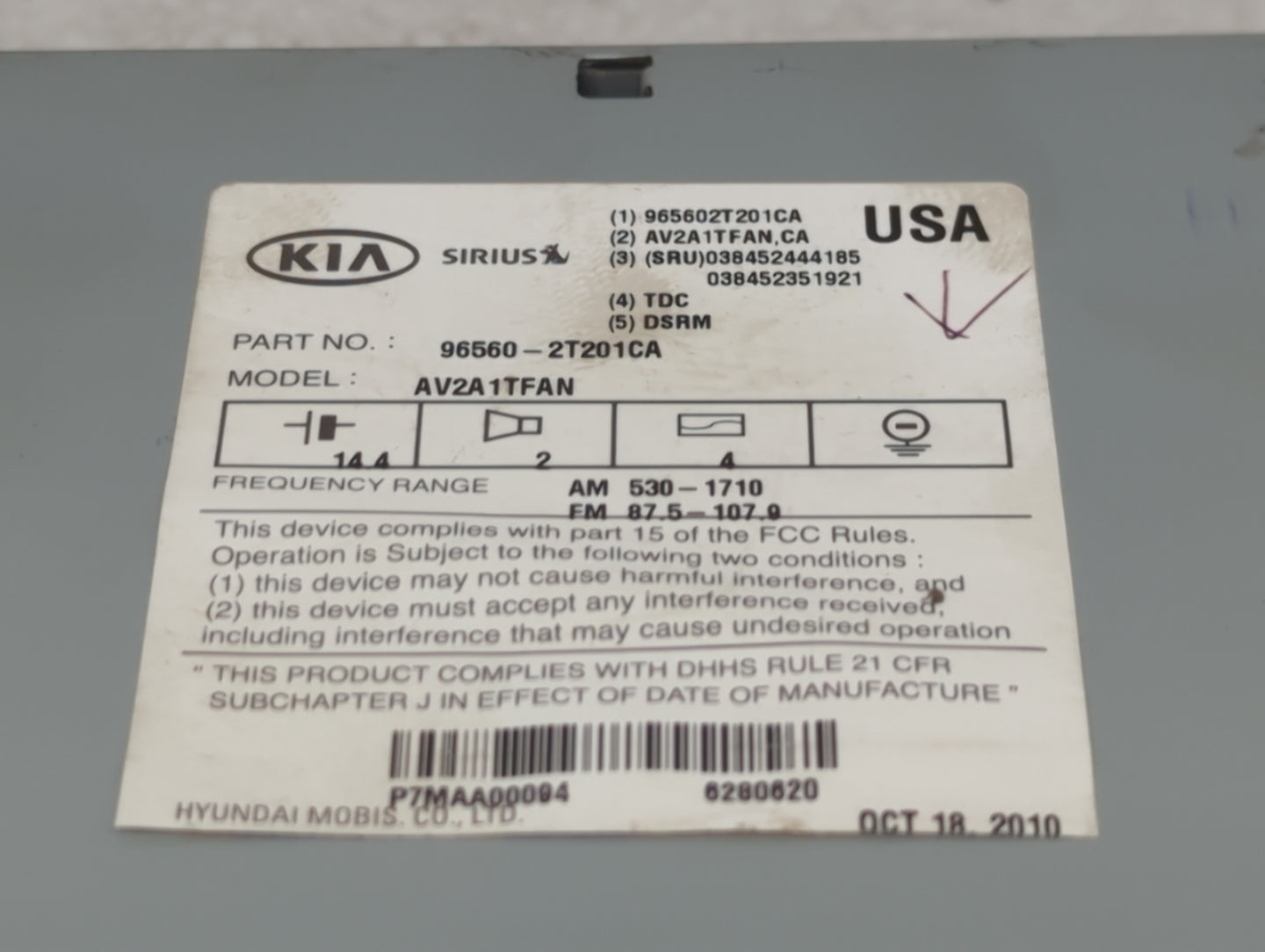 2011-2013 Kia Optima Radio AM FM Cd Player Receiver Replacement P/N:96560-2T201CA Fits Fits 2011 2012 2013 OEM Used Auto Par