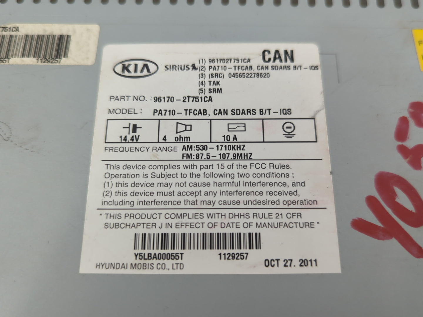 2011-2013 Kia Optima Radio AM FM Cd Player Receiver Replacement P/N:961702T 75 1CA Fits Fits 2011 2012 2013 OEM Used Auto Pa